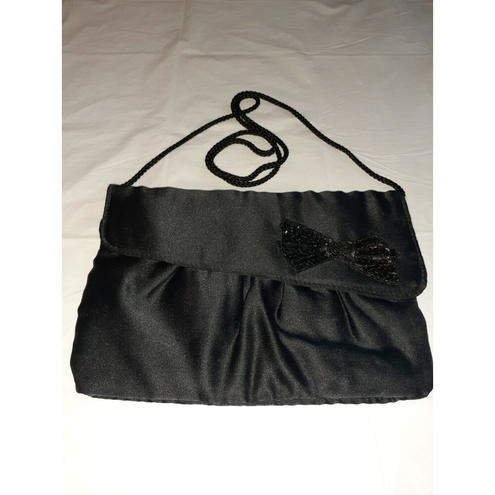Vtg Satiny Black Clutch W/Sequined Bow Pacific Connections